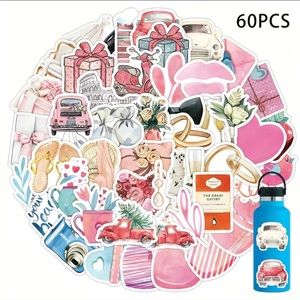 60 Pcs Waterproof Aesthetic Pink Lifestyle Vinyl Stickers Bundle Set